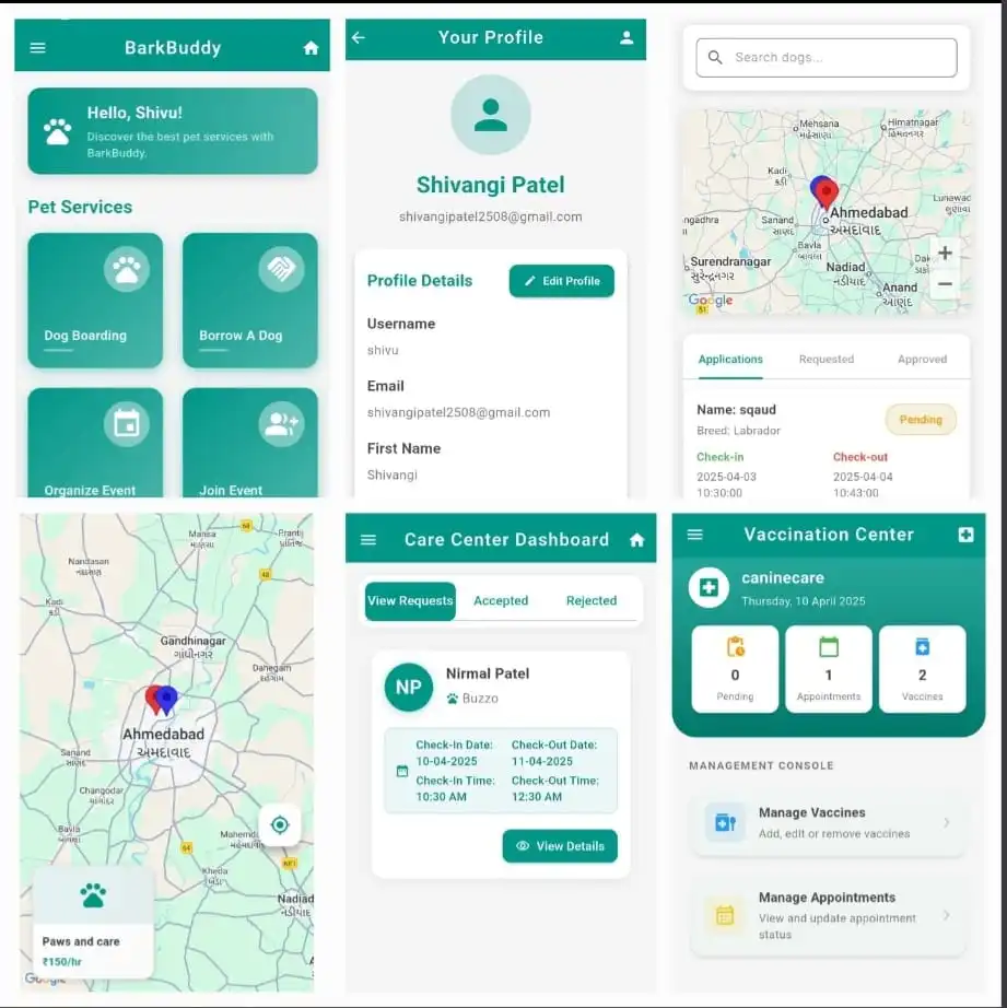 BarkBuddy App UI showcasing various screens